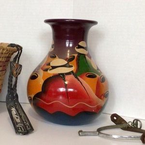 Western pottery vase. Hand painted. Signed, Pancho. Jewel tones.vintage